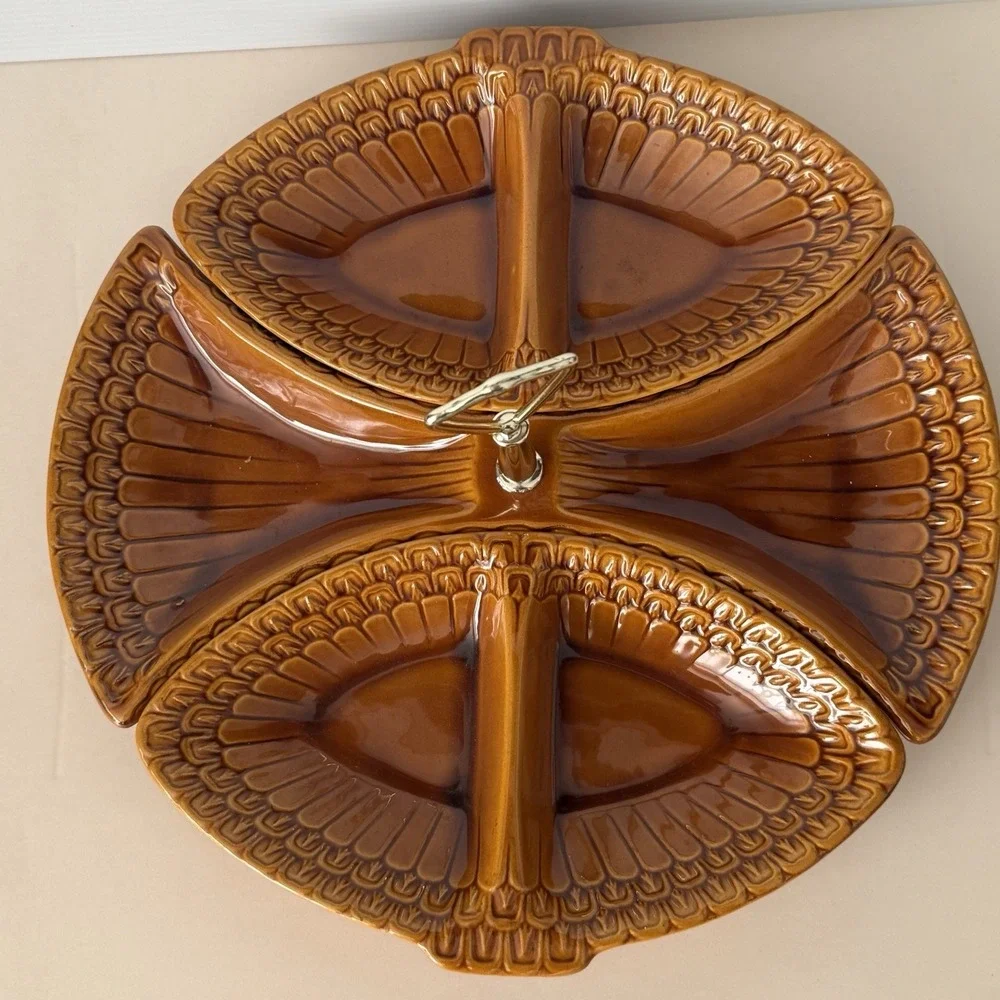 Maddux of California 1966 MCM 3 Piece Divided Serving Tray Burnt Orange Glaze